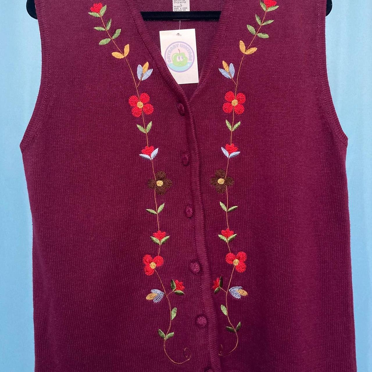 Vintage floral embroidered maroon burgundy button... - Depop