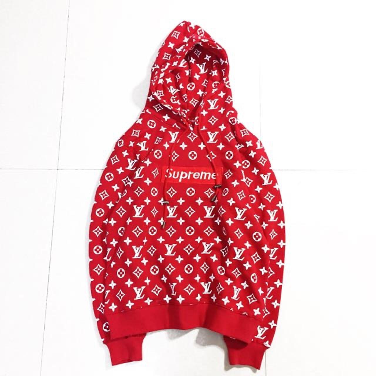 skjule Indbildsk her Supreme x Louis Vuitton Box Logo Hooded Sweatshirt Red - Depop