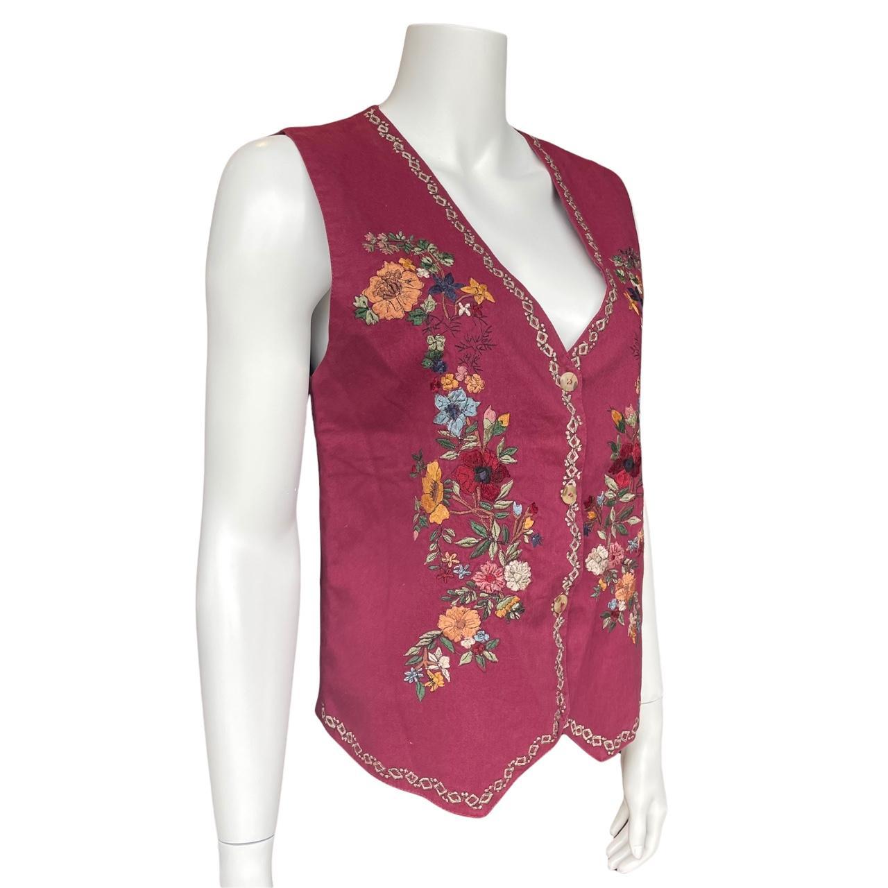 Vintage Burgundy Button Down Vest with Floral... Depop