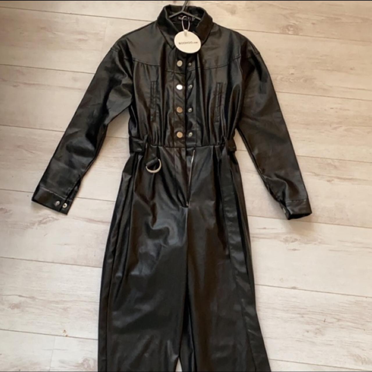 petite belted button up leather boiler suit /... - Depop