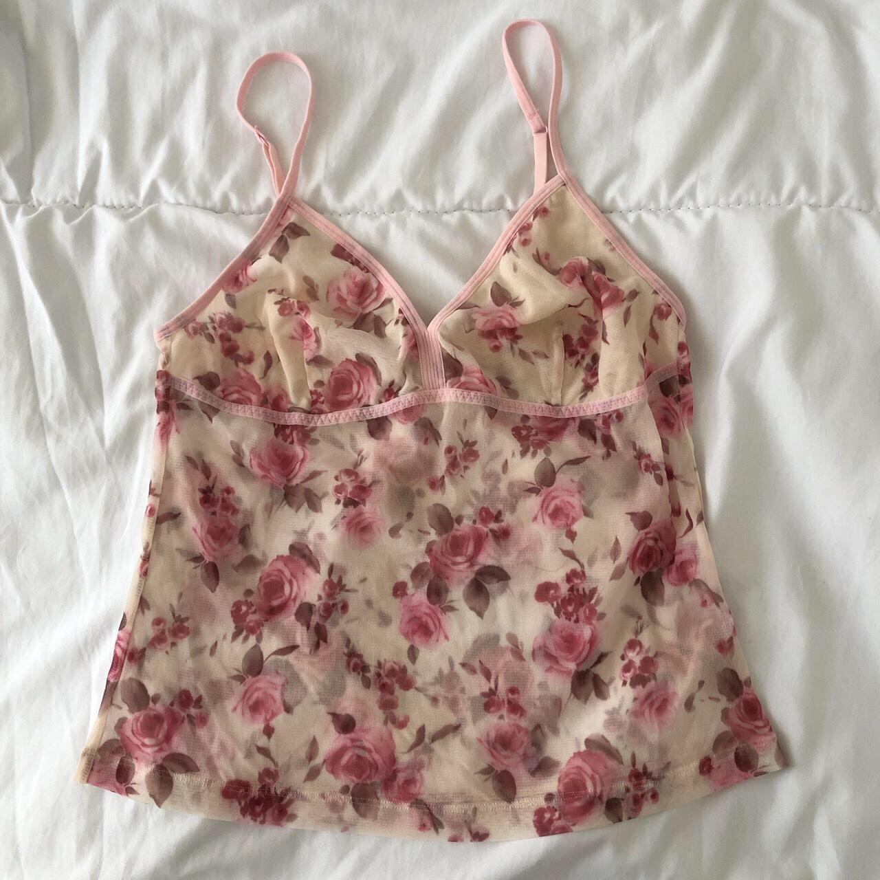 Beautiful 90s flower mesh cami top with roses Size... - Depop