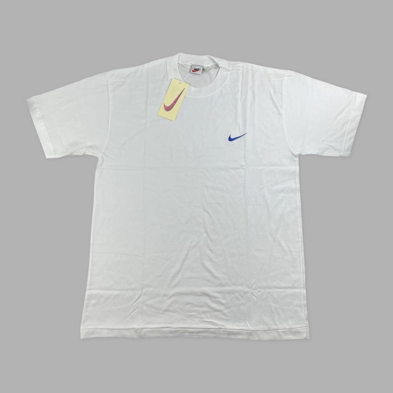 Vintage Nike t shirt white with blue embroidered... - Depop