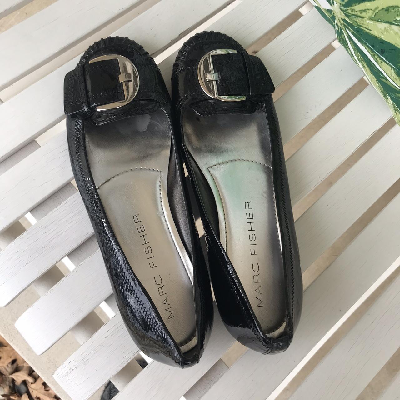 Shiny black Marc Fisher flats with silver buckle,... - Depop