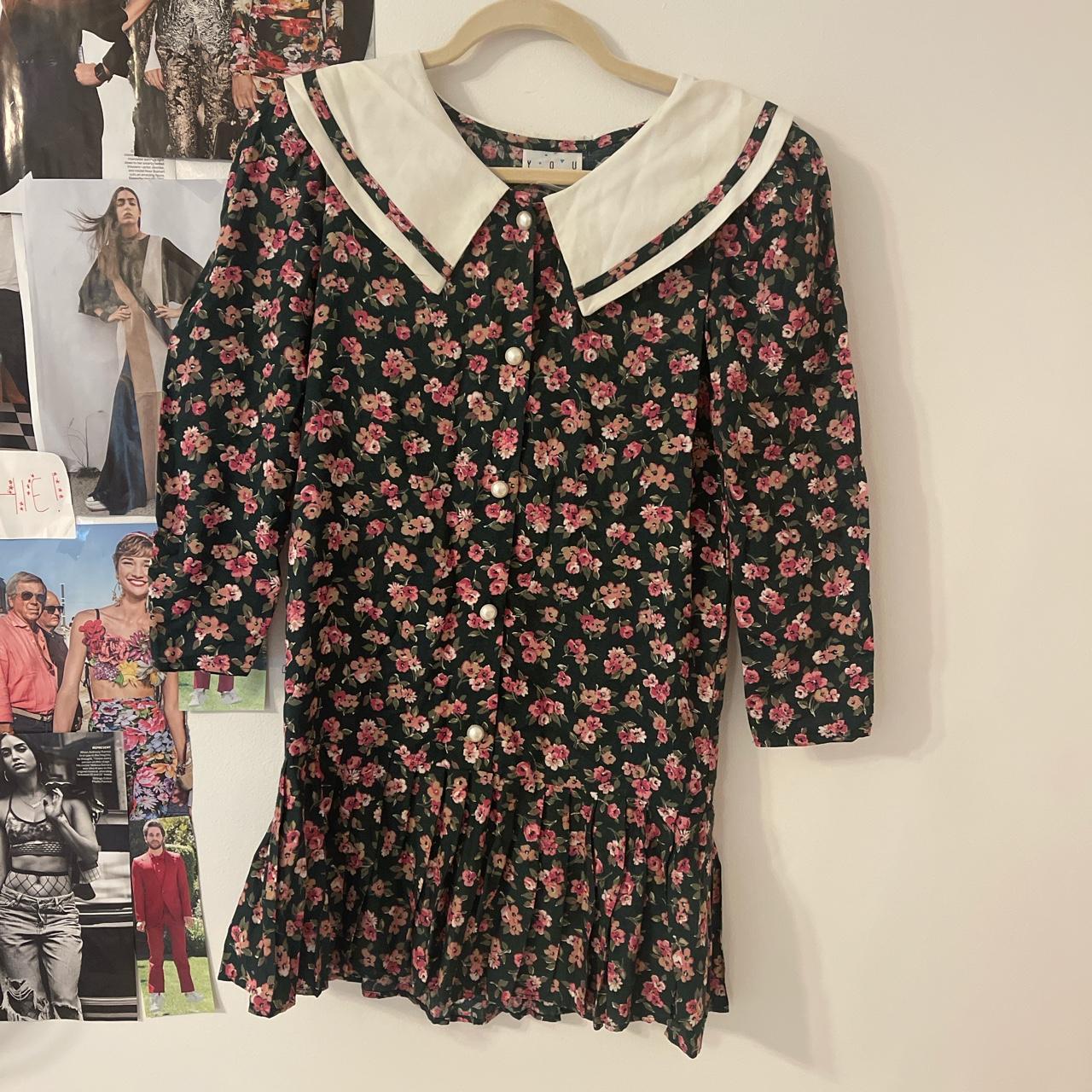 vintage pearl button up floral mini sailor dress... - Depop