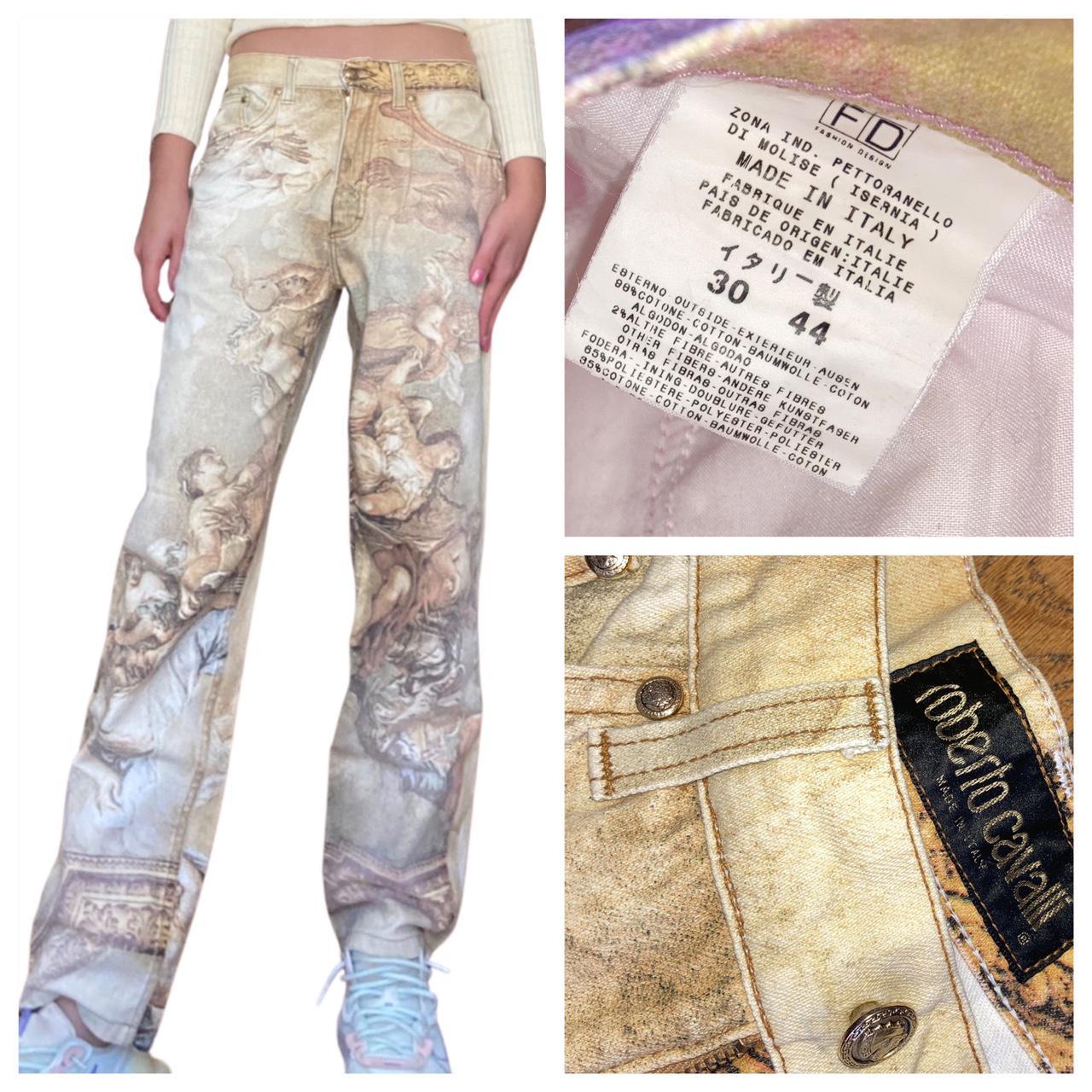 Mens Renaissance Denim Pants Roberto Cavalli Vintage Printed Angel