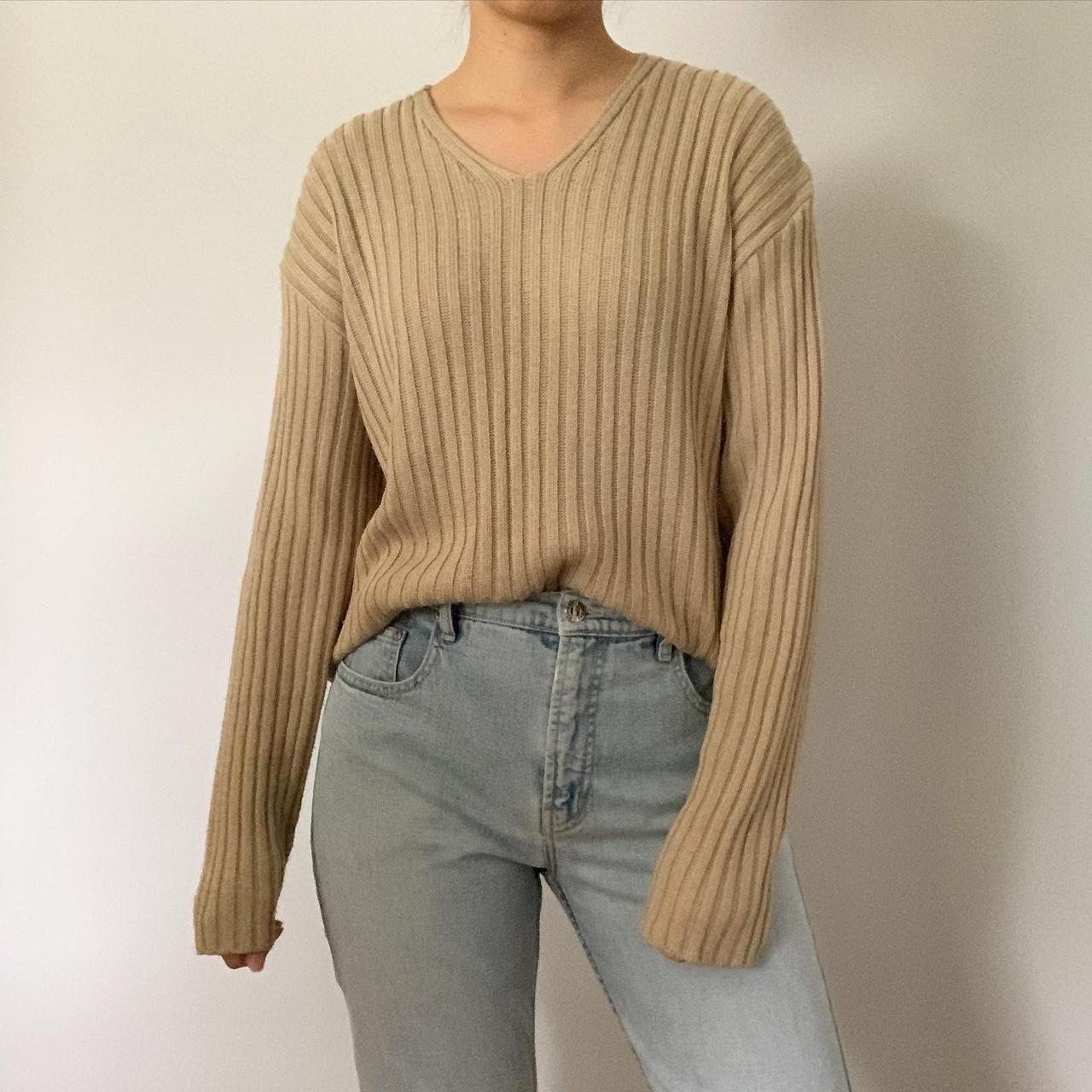 perfect vintage ribbed knit sweater in a light beige... - Depop