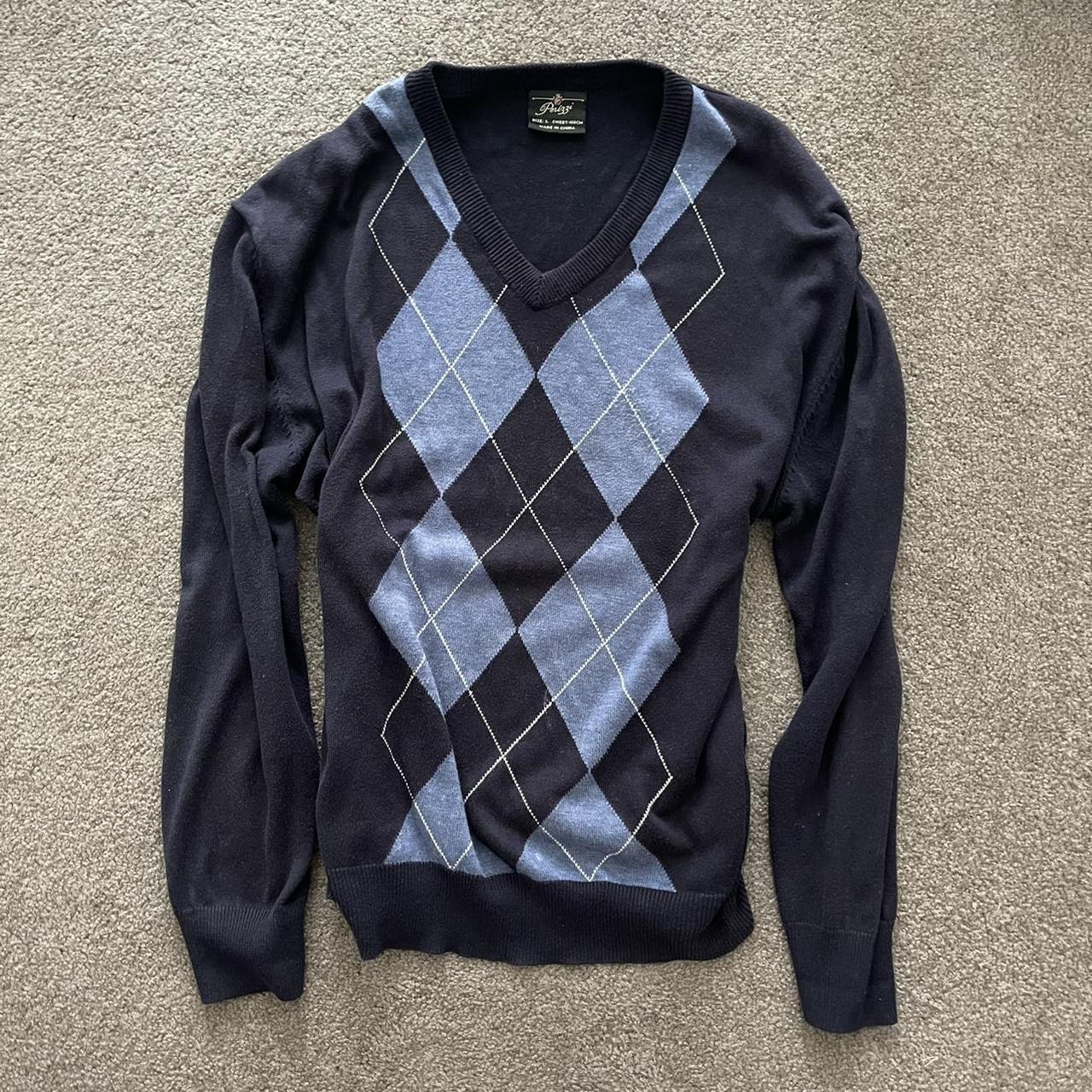 black and blue argyle sweater size large brand :... - Depop