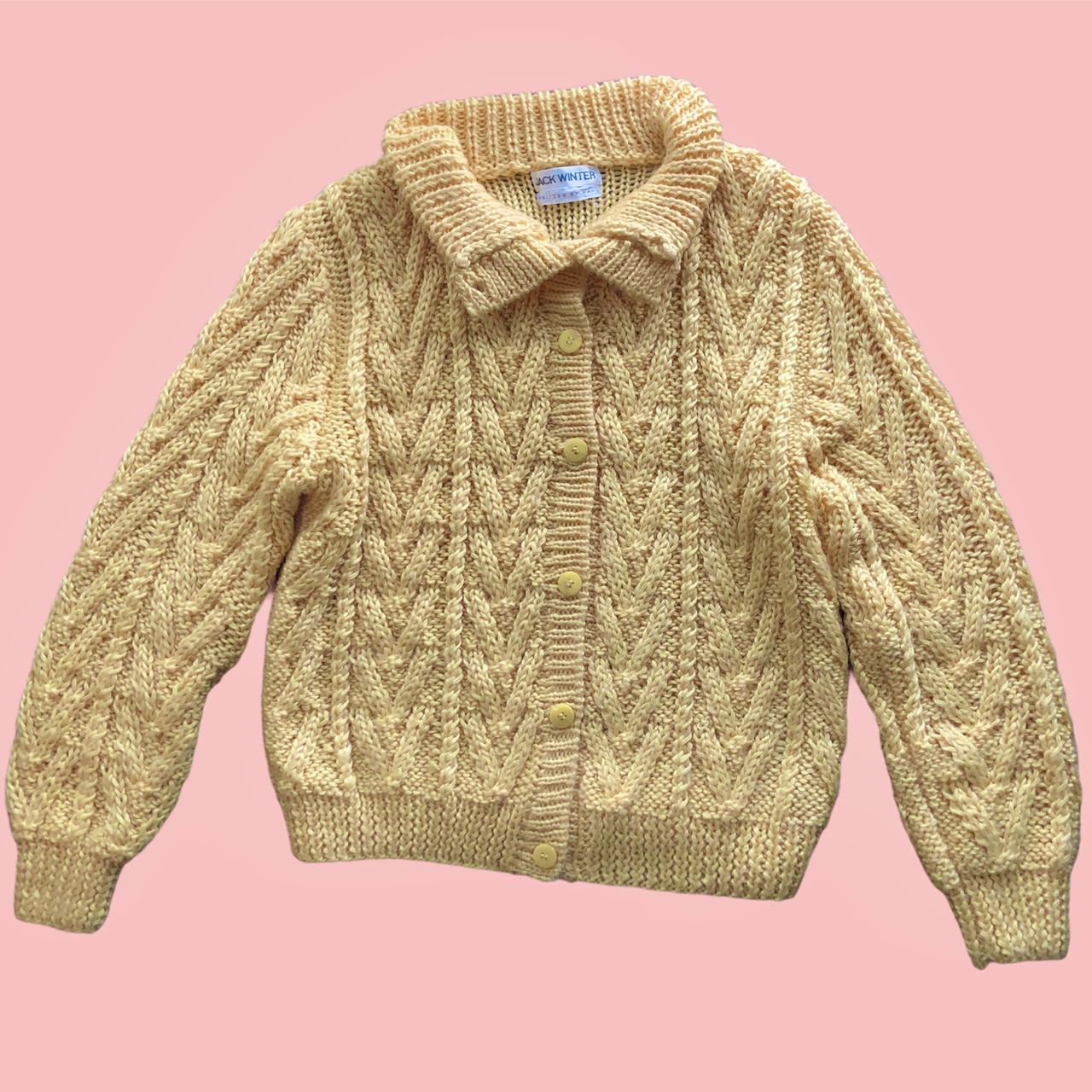 vintage mustard yellow thick knit cardigan sweater.... - Depop