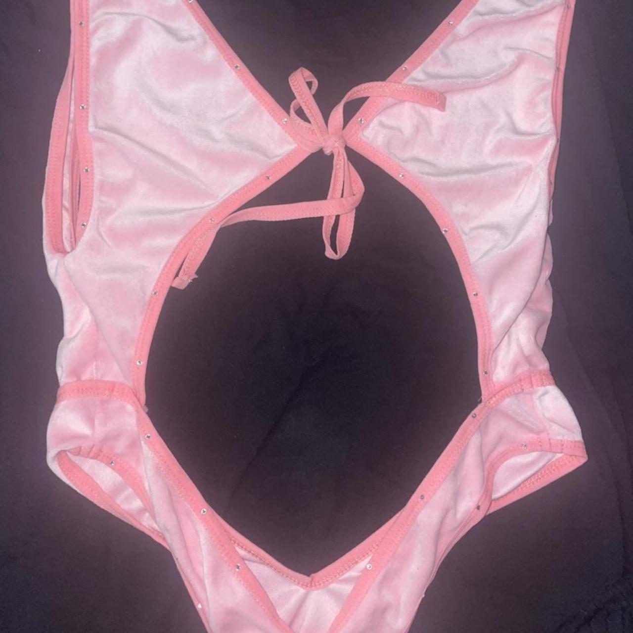 Pink velvet thong bodysuit. Product description... Depop
