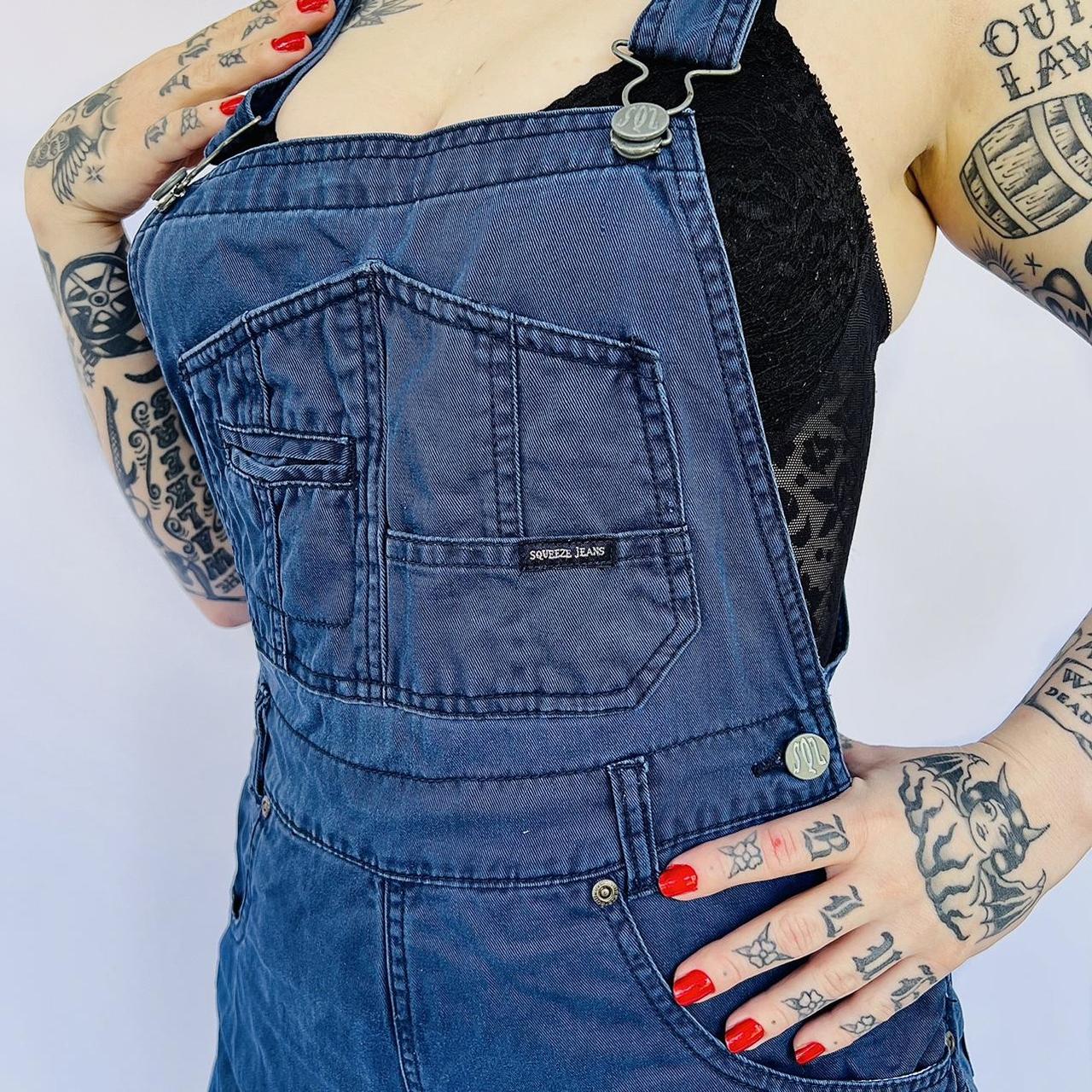 Dark blue denim short overalls 28 inch waist nine... Depop
