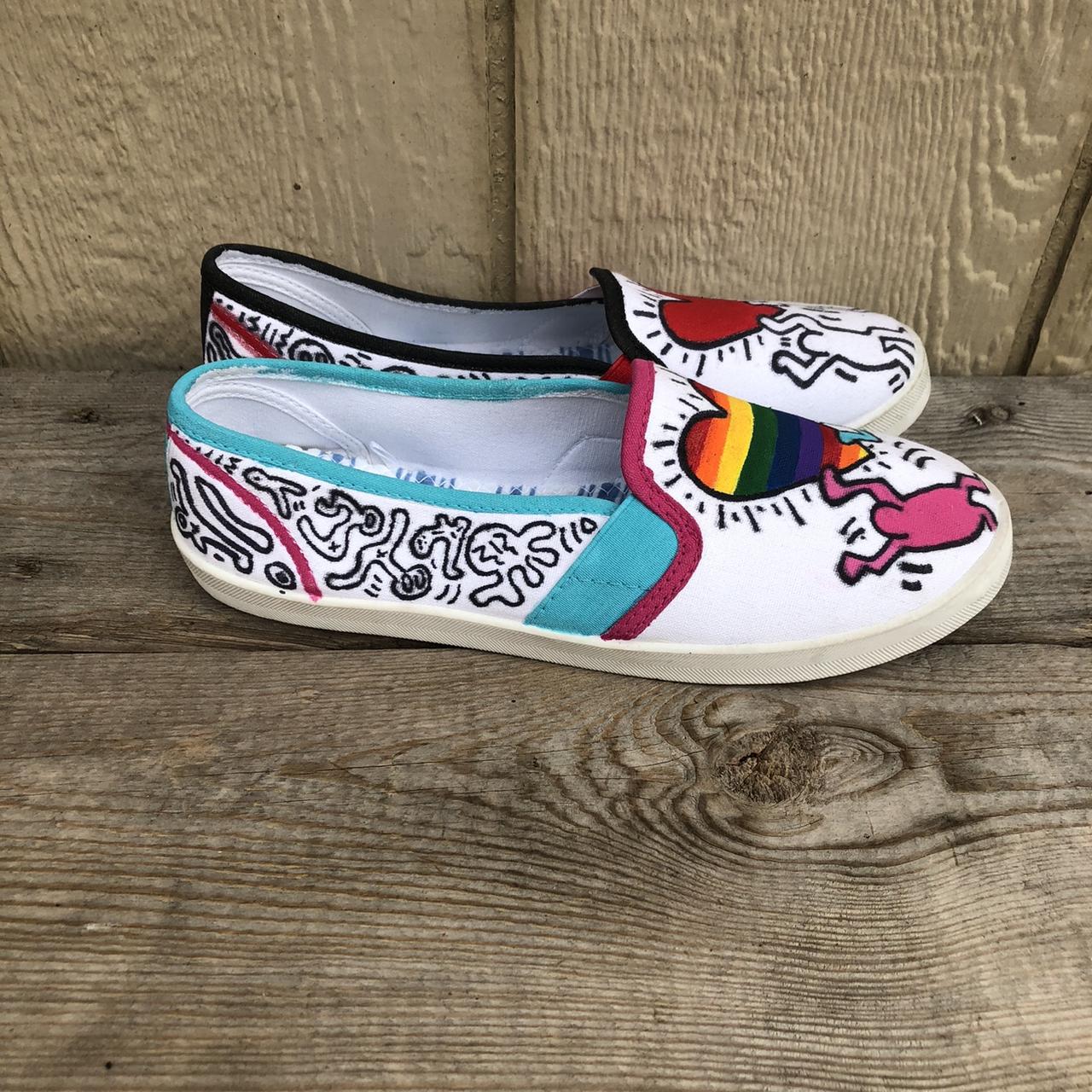 Hand painted “Keith Haring” slip-ons🌈Celebrate love.... - Depop