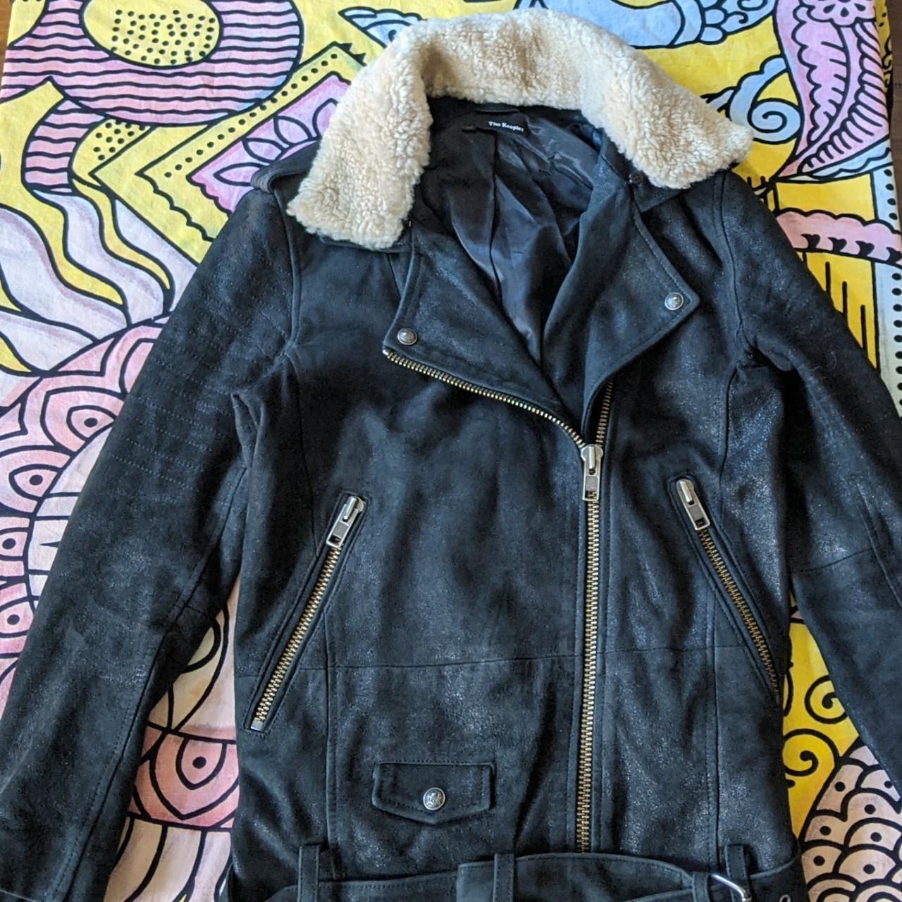 Leather jacket with Sheepskin collar by The Kooples... Depop