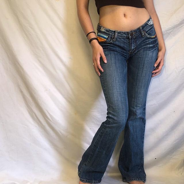 y2k LOW RISE BOOTCUT JEANS with colorful stitching - Depop