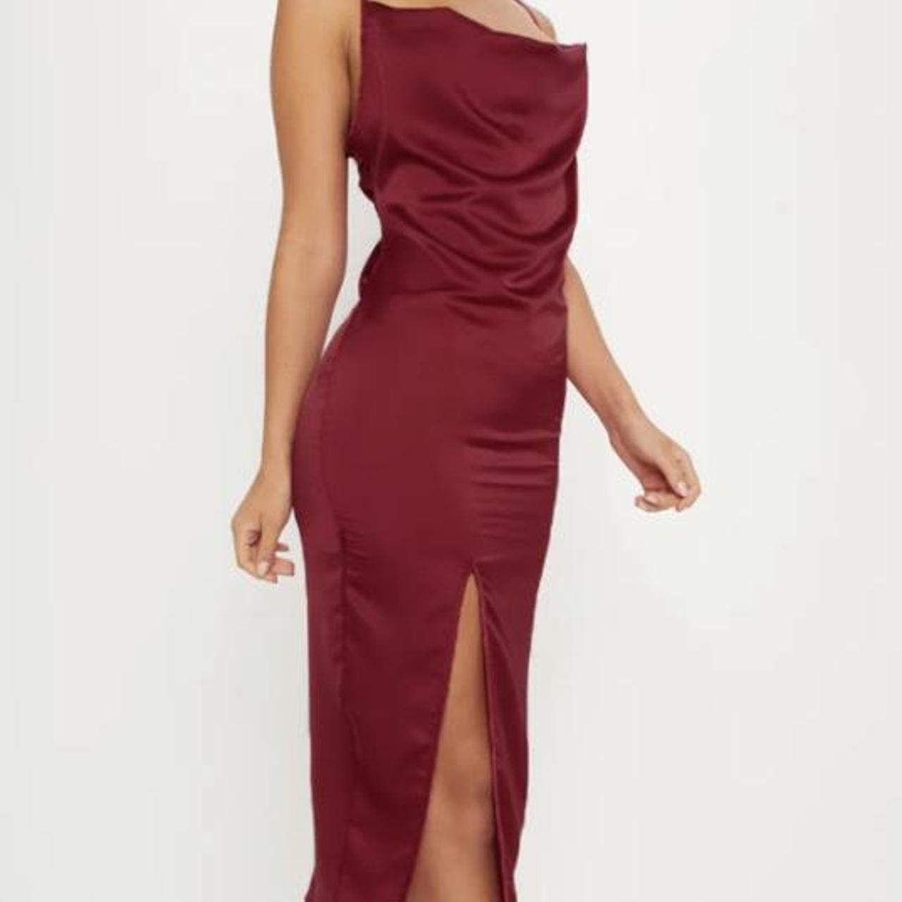 Petite Burgundy Strappy Satin Cowl Midi Dress