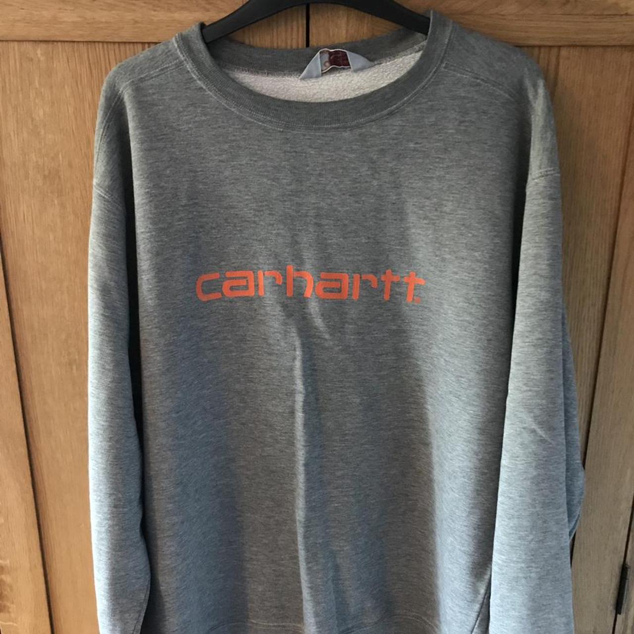 Retro Carhartt sweatshirt grey with orange logo... - Depop