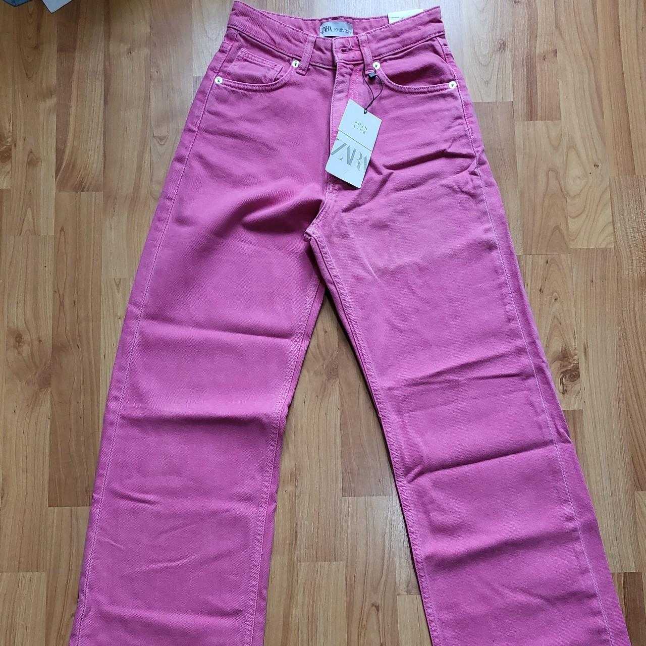 Zara hot pink wide leg jeans with frayed hems. Brand... Depop