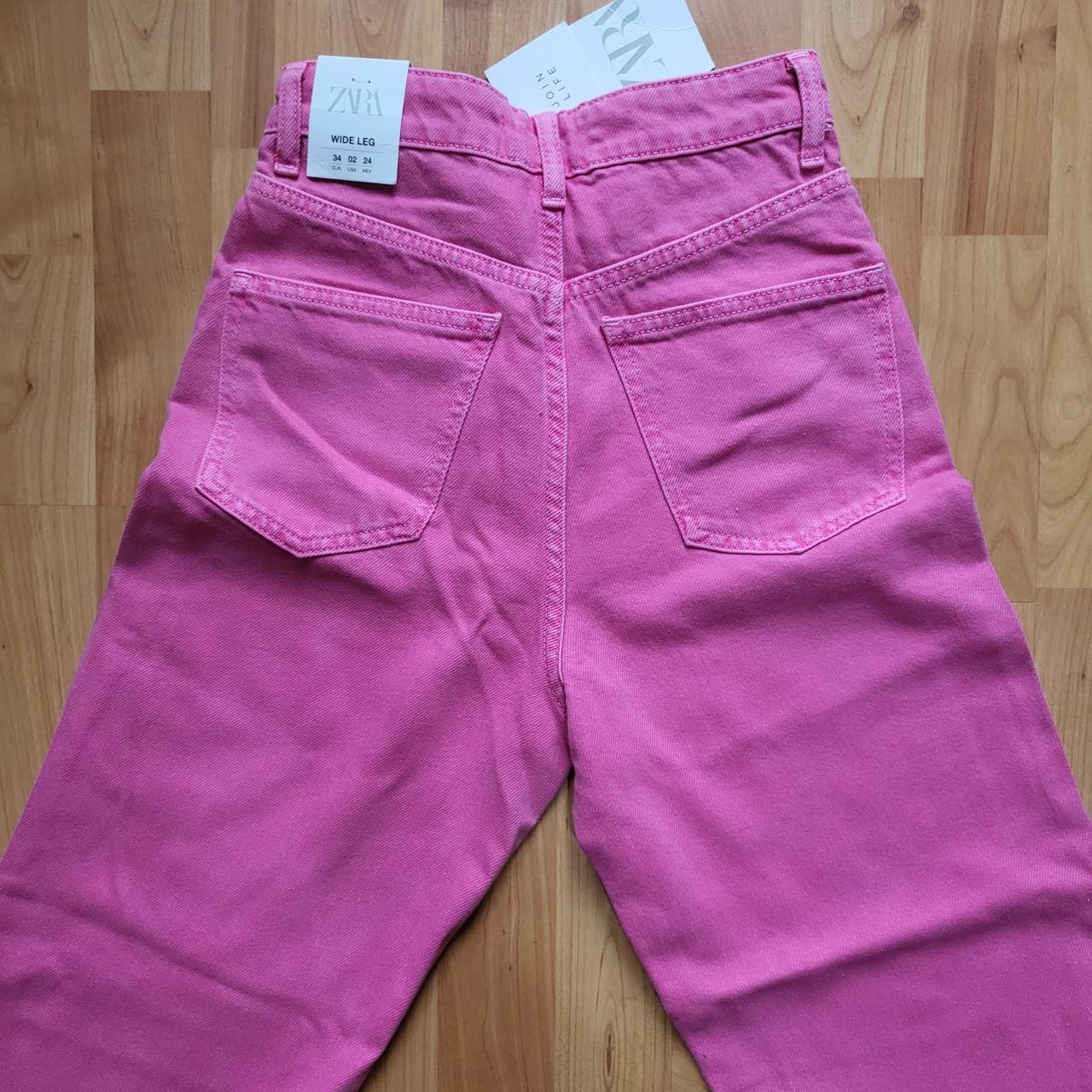 Zara hot pink wide leg jeans with frayed hems. Brand... Depop