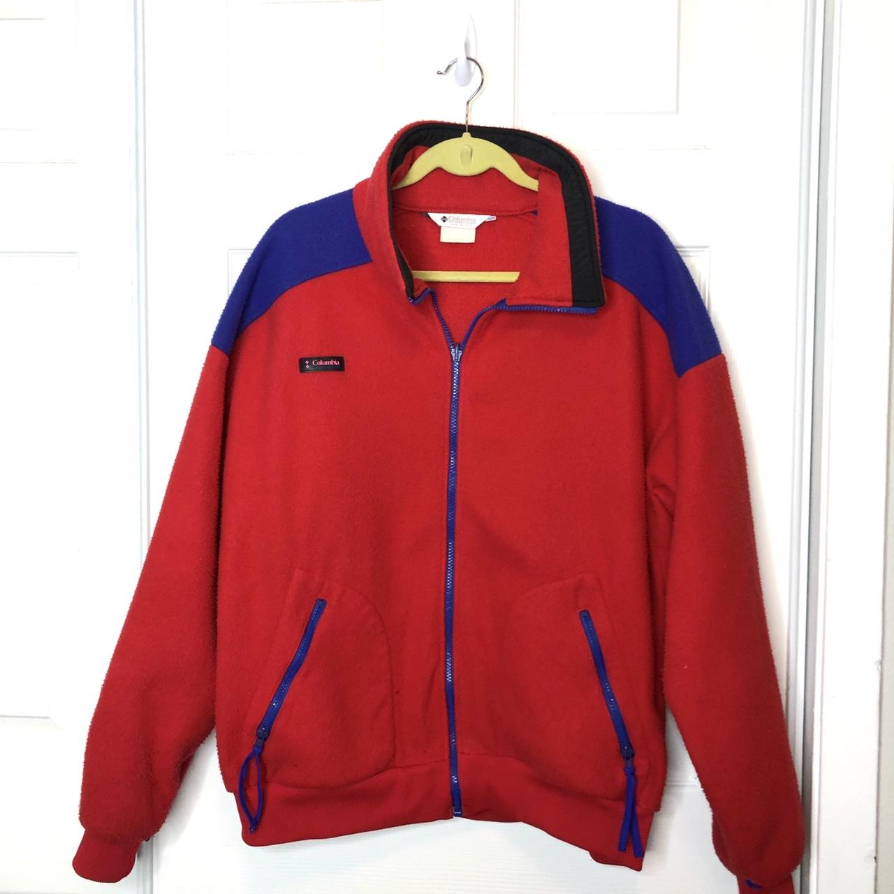 Vintage 1990's fleece Columbia zip up jacket. Red... - Depop
