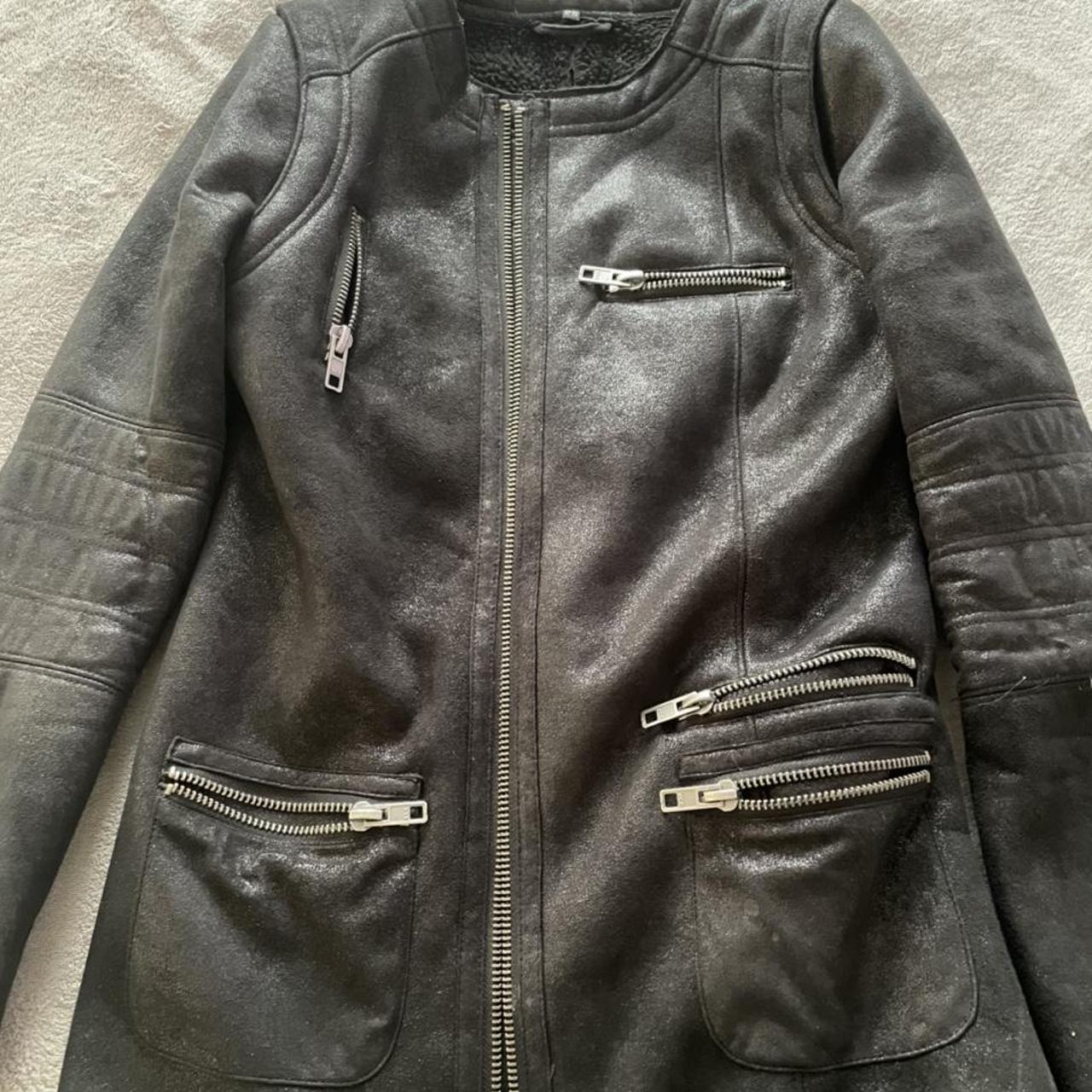 Warehouse black long leather jacket size 8 Lovely... - Depop