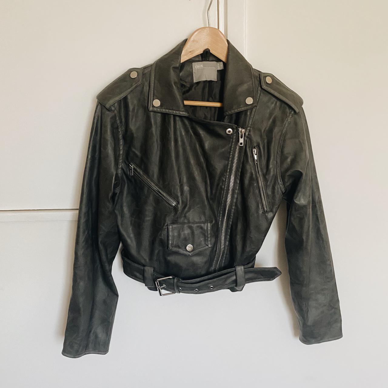 Faux leather biker jacket. Washed black colour, size... - Depop