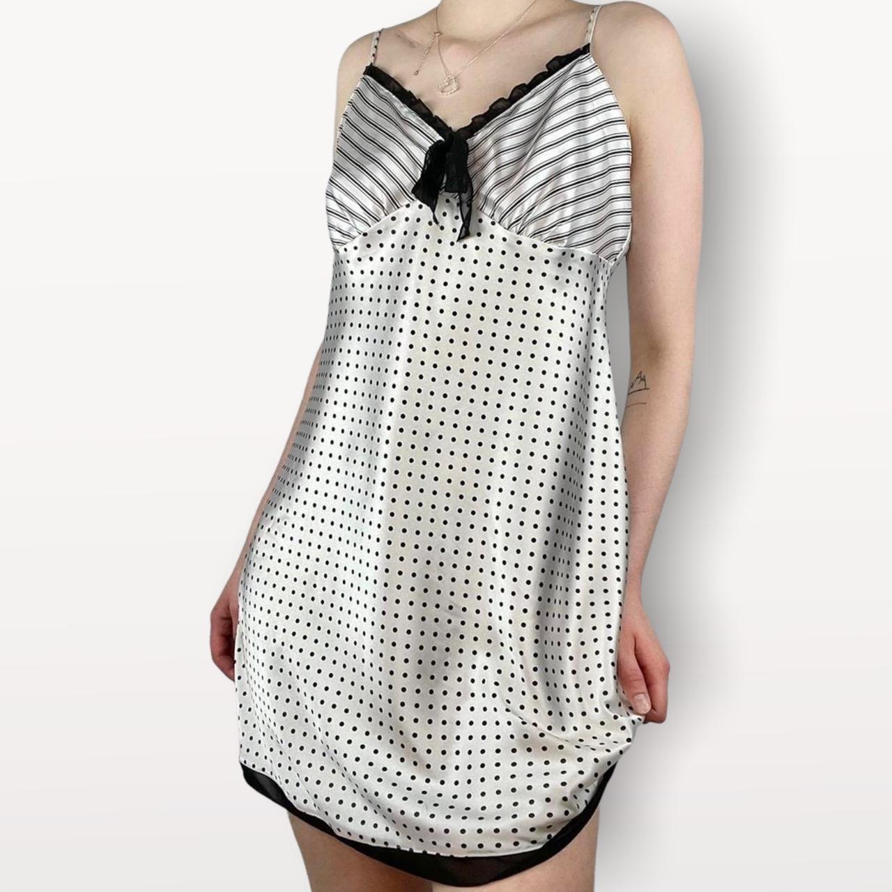 White satin slip dress with black polka dot and... Depop