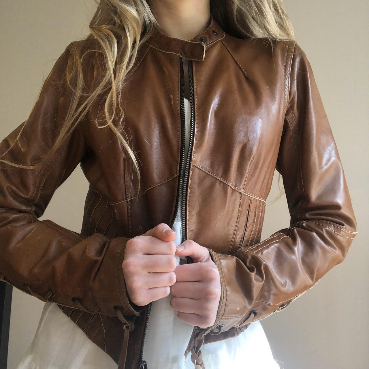 レザージャケット・コート PRADA Women Leather Jackets 58A1112D02 F0S73 Brown Authentic Vintage Prada Leather Jacket Flattering | Depop