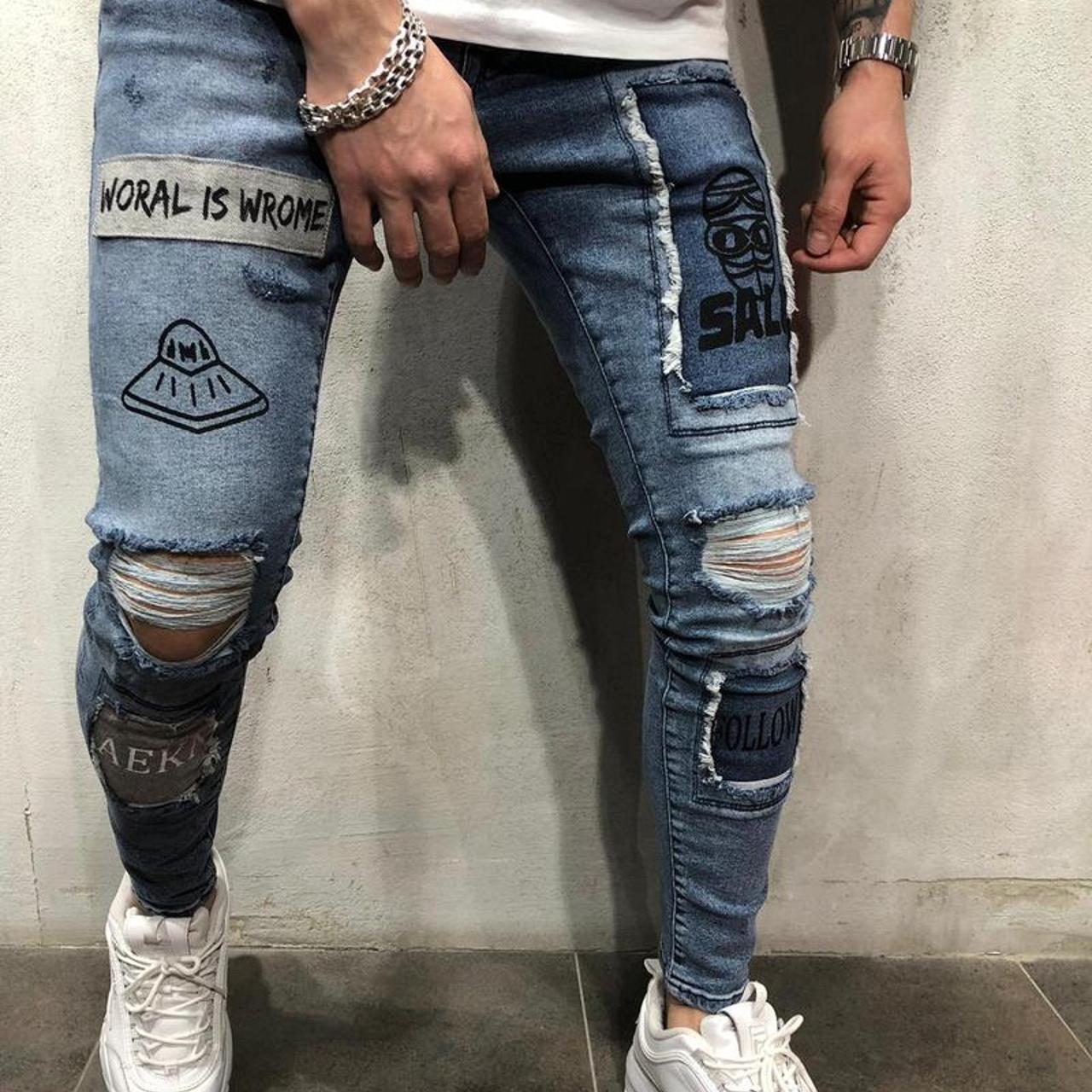 RIPPED&REPAIRED JEANS PRINTED 🔥 Check our page... - Depop
