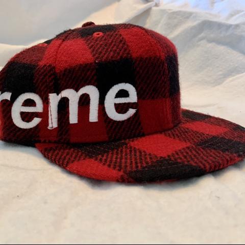 Supreme x New Era Red Buffalo Check Plaid Hat Sz. 7 - Depop