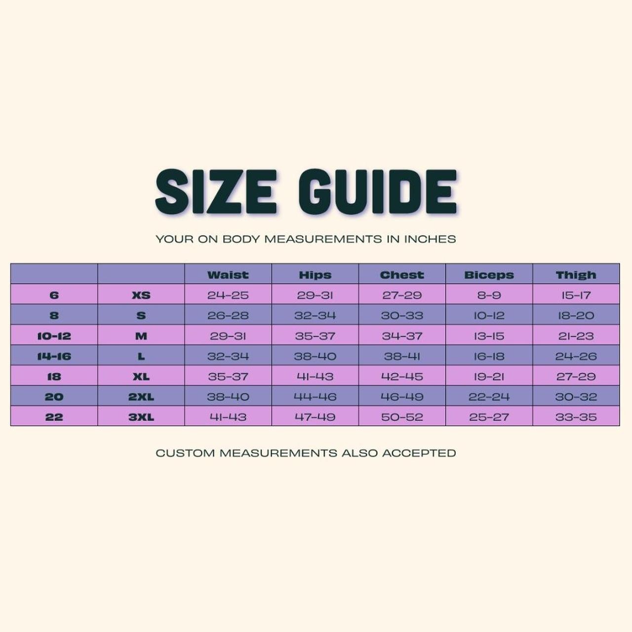 SIZE GUIDE IN INCHES CUSTOM MEASUREMENTS ACCEPTED - Depop