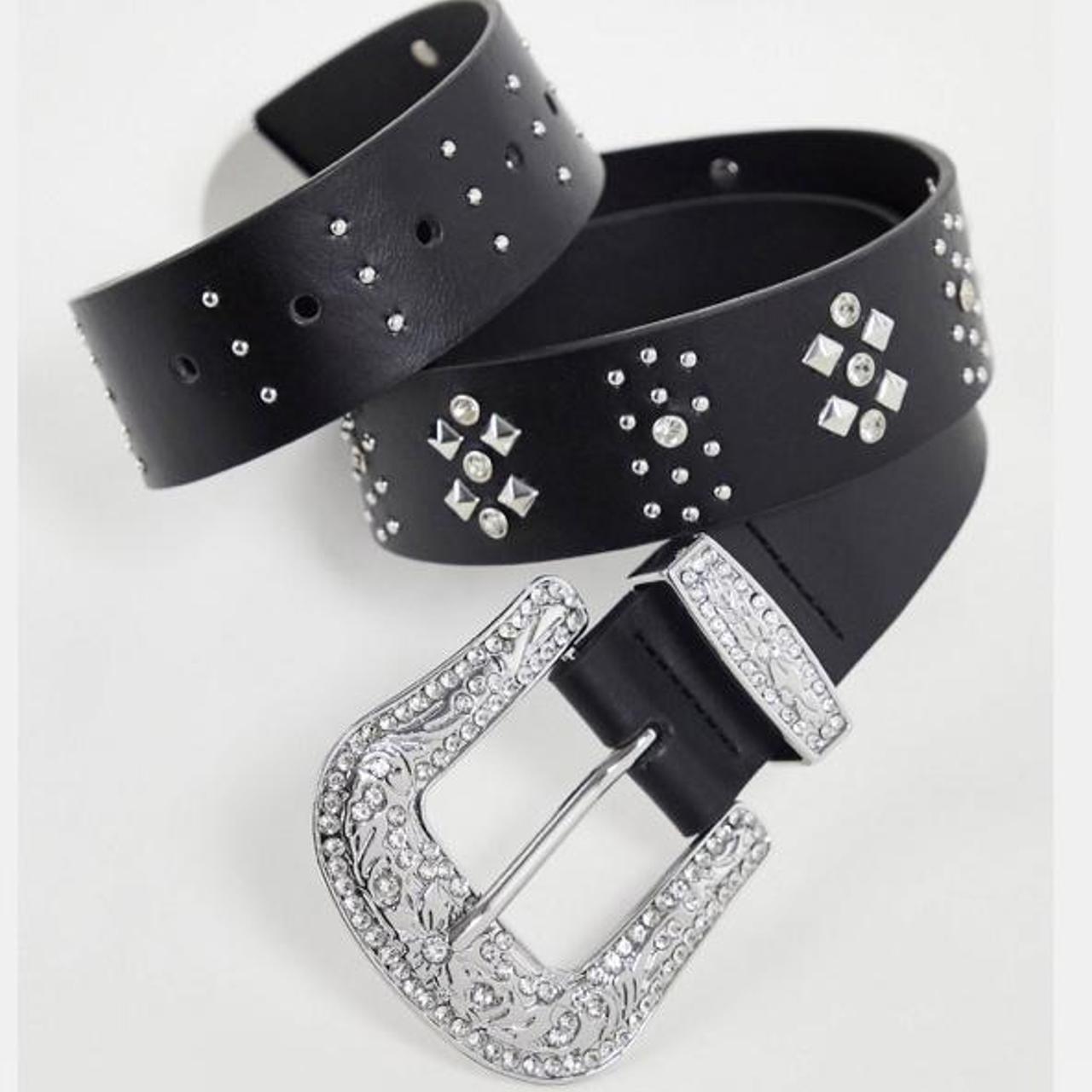 Faux leather wide western belt, studs and crystals.... Depop