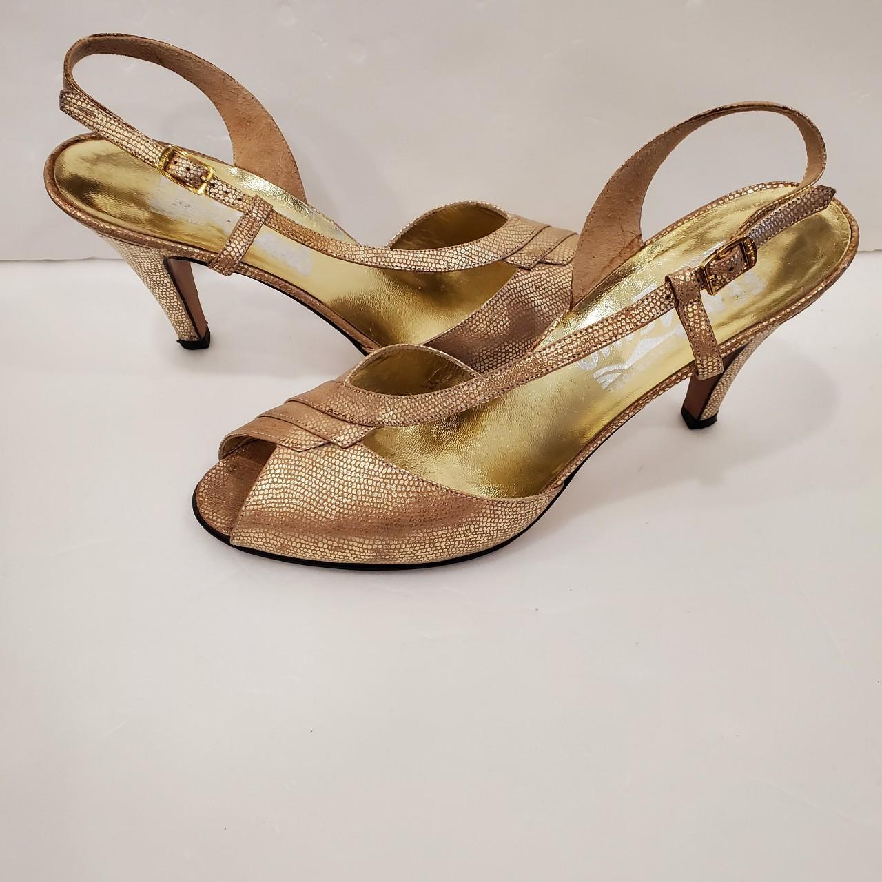 Salvatore Ferragamo Gold Sandals Size 7 AA heel 3.5 Depop