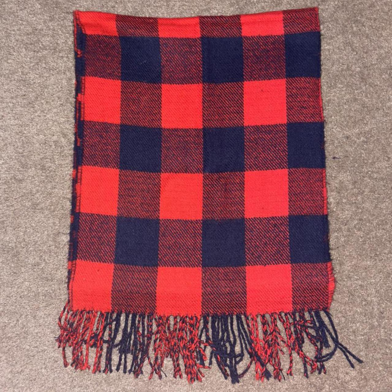 Reversible navy & red check scarf with tassels... - Depop