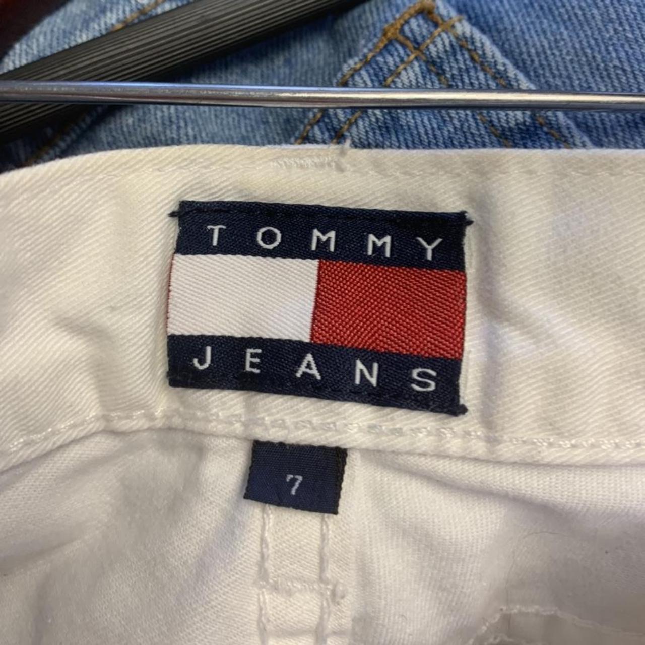 Vintage Tommy Hilfiger big flag white jean shorts... - Depop