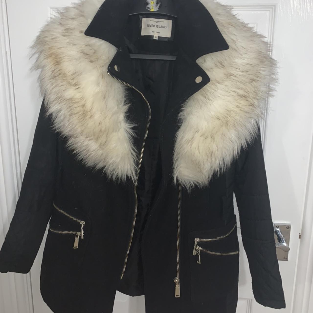 River island black hot sale parka white fur