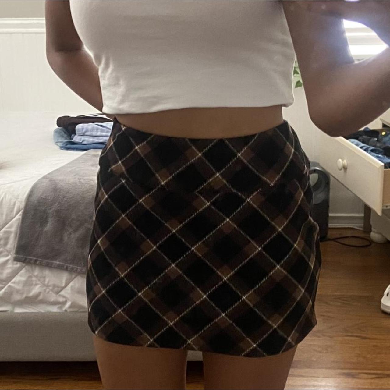 -brown and black plaid skirt, so cute i literally... - Depop