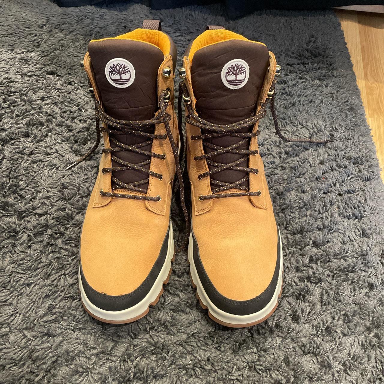 Tan timberland boots mens, size 10.5 uk, worn 3... - Depop