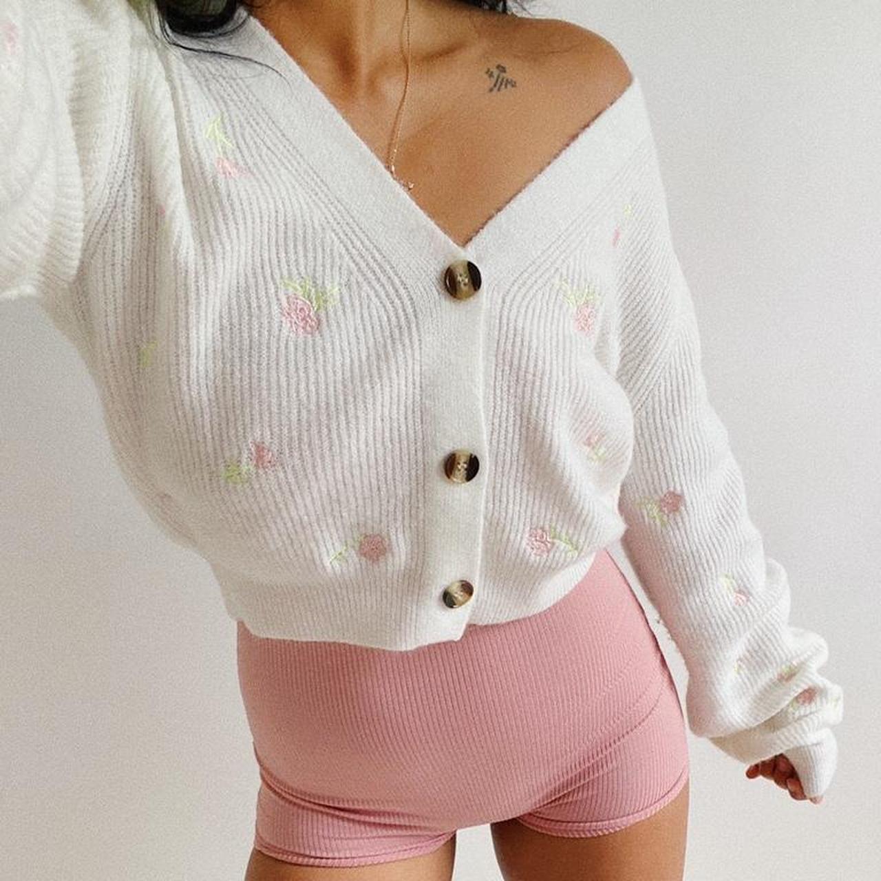 Rosette Floral Embroidered Sweater Cardigan... - Depop