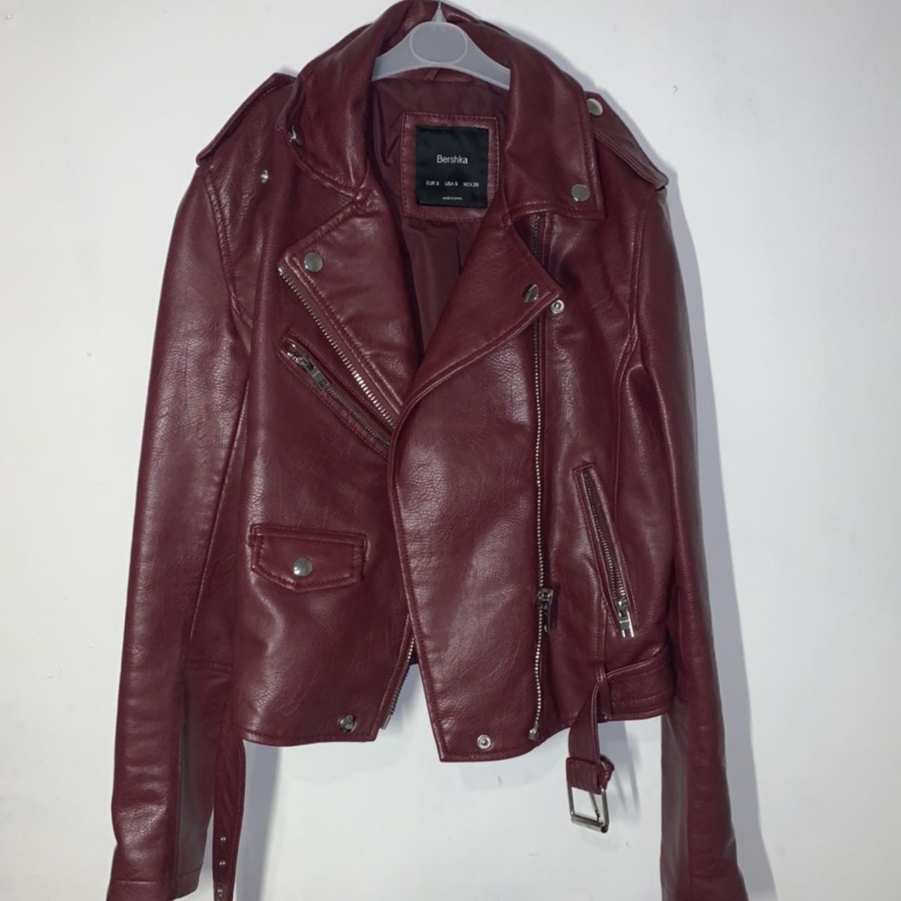 NEW Burgundy faux leather jacket from Bershka Has a... - Depop
