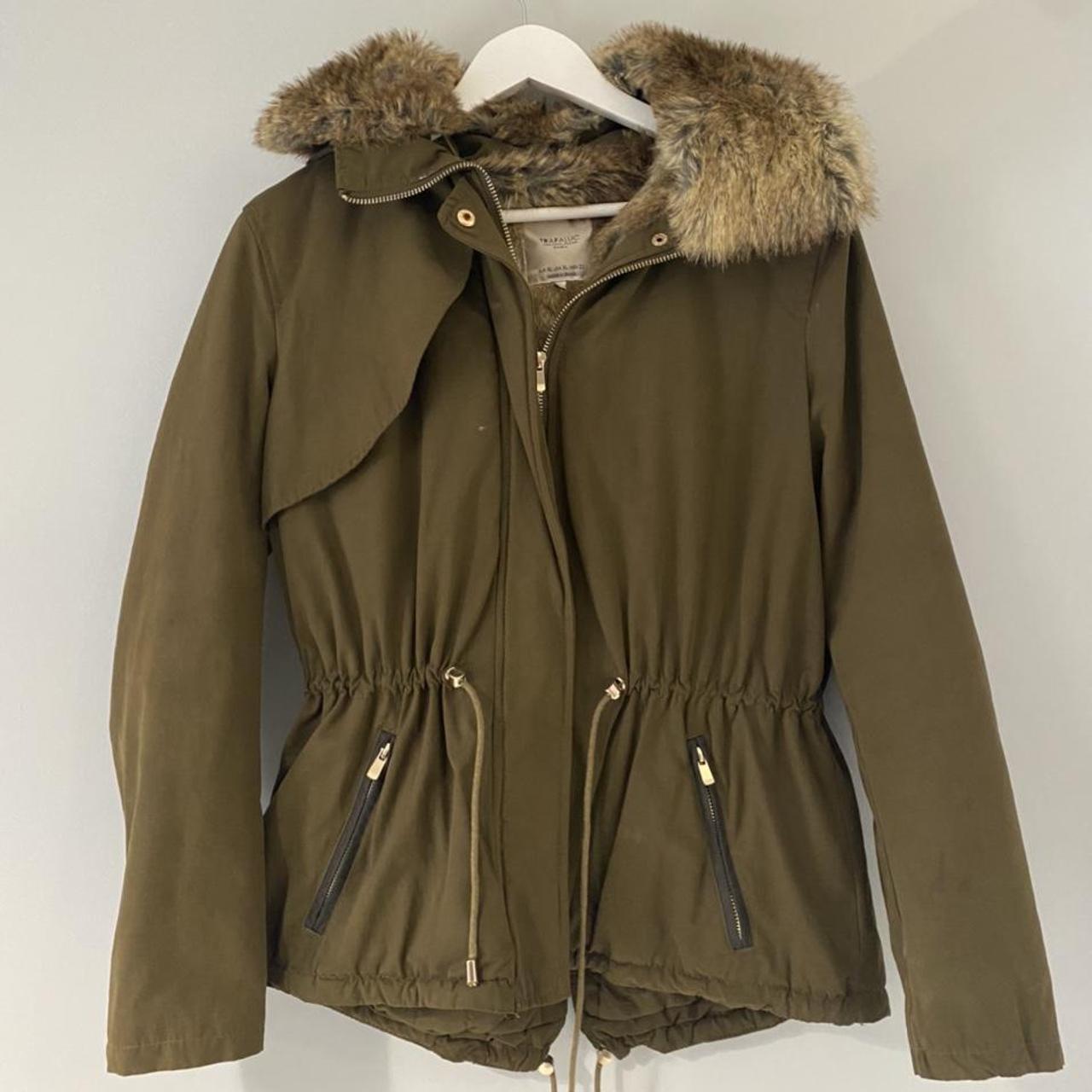 Zara khaki green parka hooded jacket coat with fur... - Depop