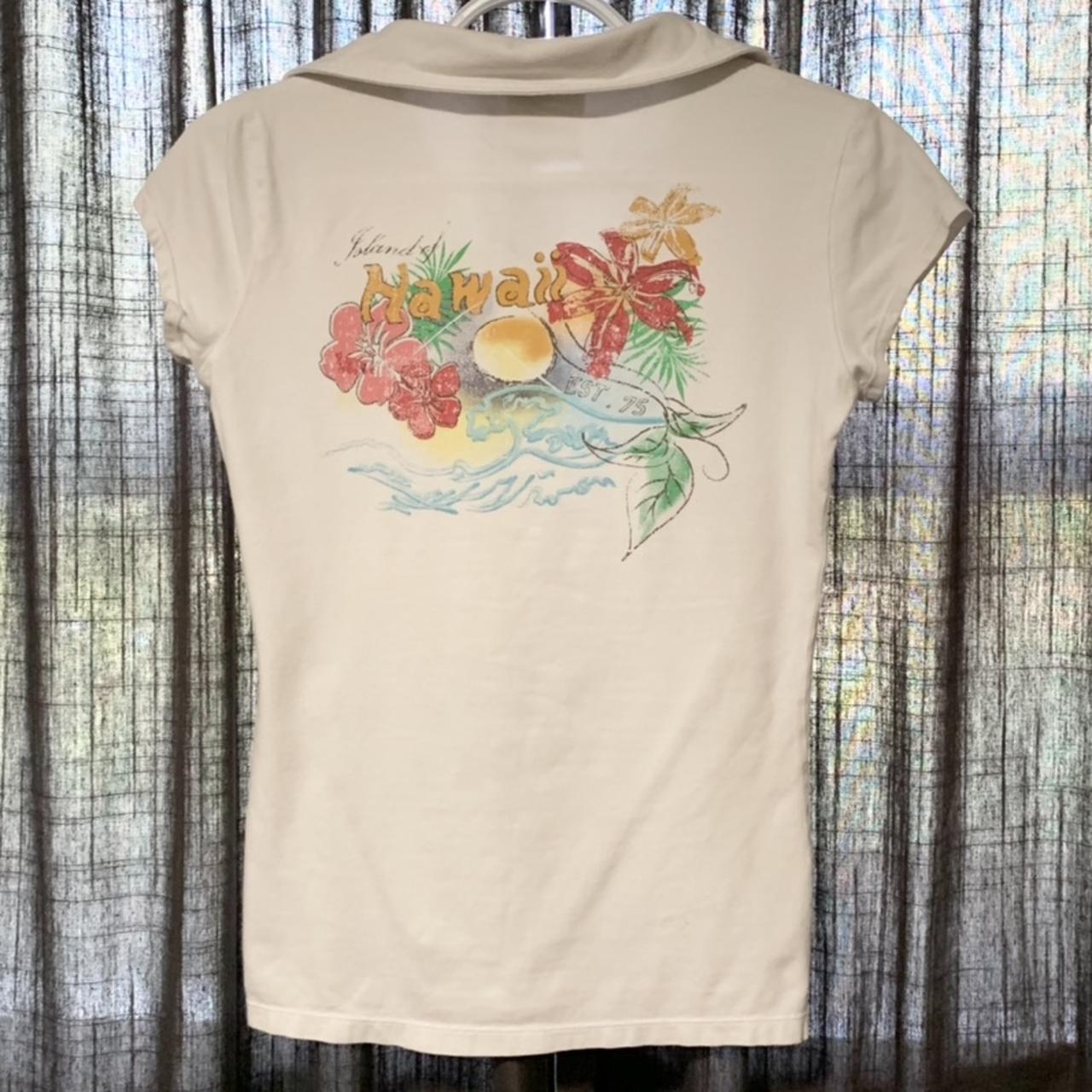 Garage | Y2K White Graphic Polo T-shirt w/ Tropical | Depop