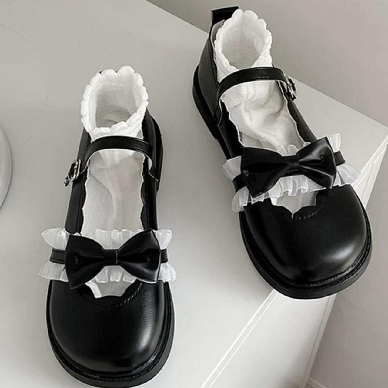 black mary janes with a bow, white lace, and heart... - Depop