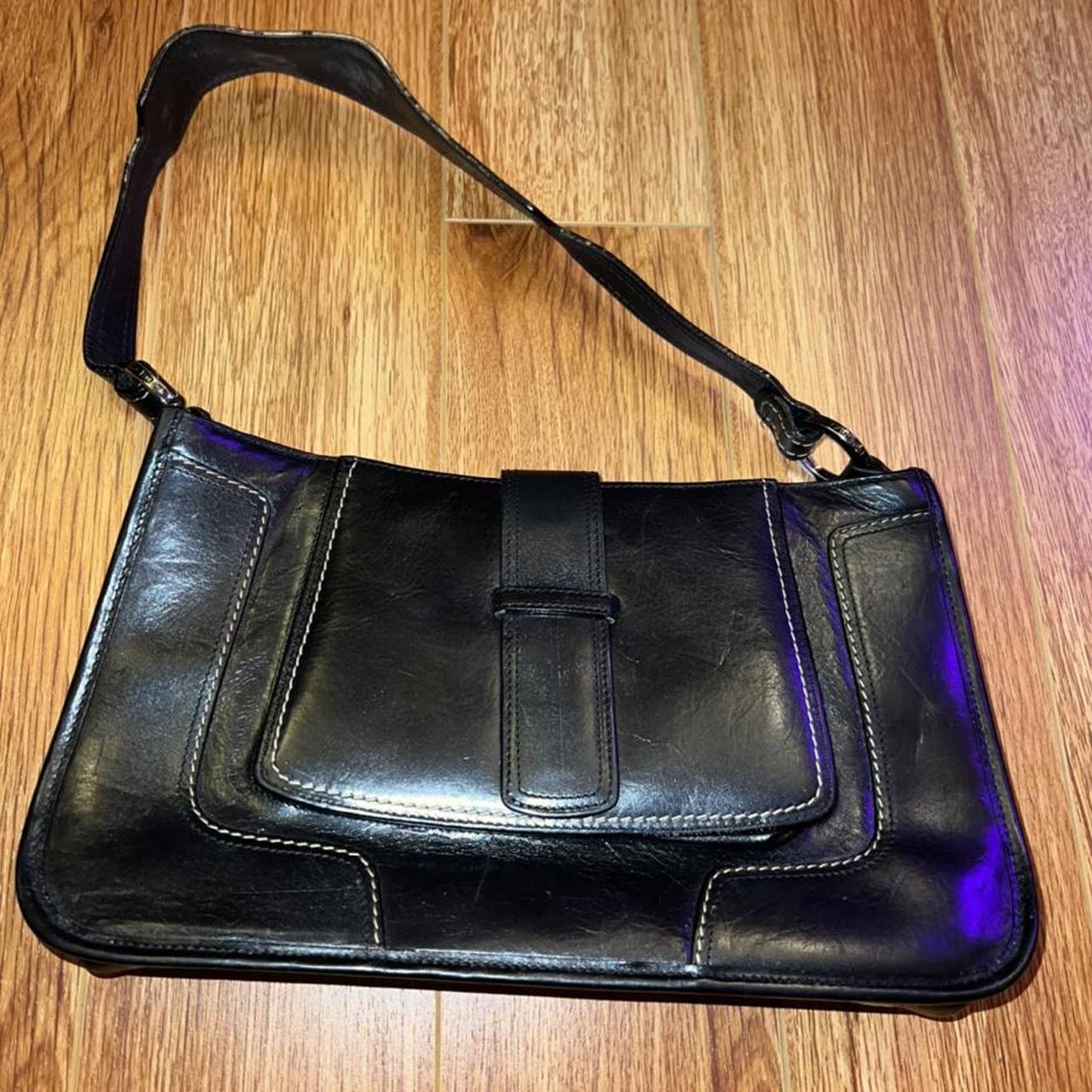 BCBG Max Azria black leather purse with beige