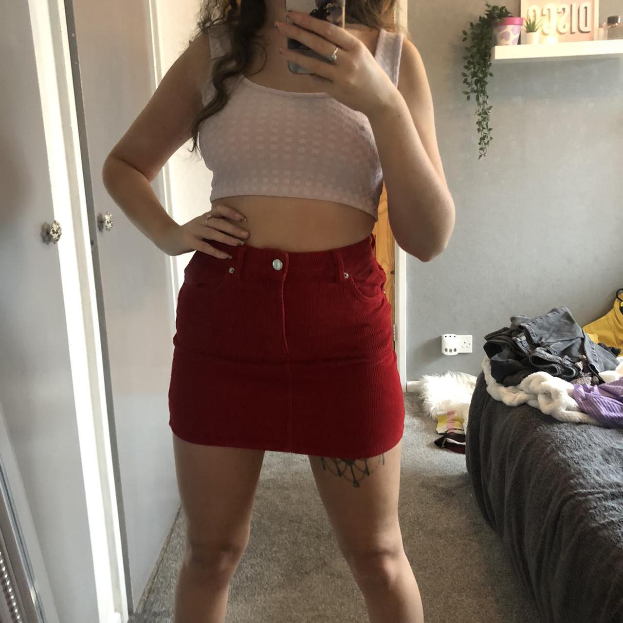Red corduroy mini skirt from topshop in a size 8 but... - Depop