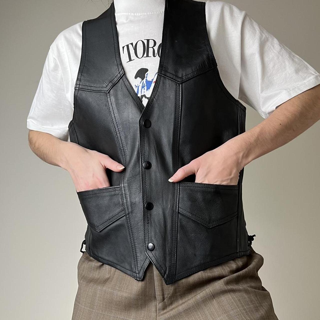 Black Leather Vest with Laced-up Sides (Mens... - Depop