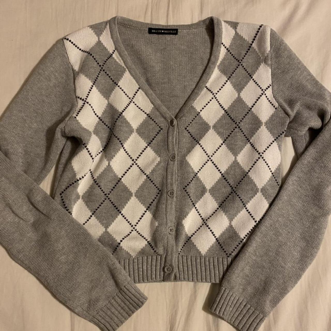 grey and white argyle cardigan from brandy... - Depop