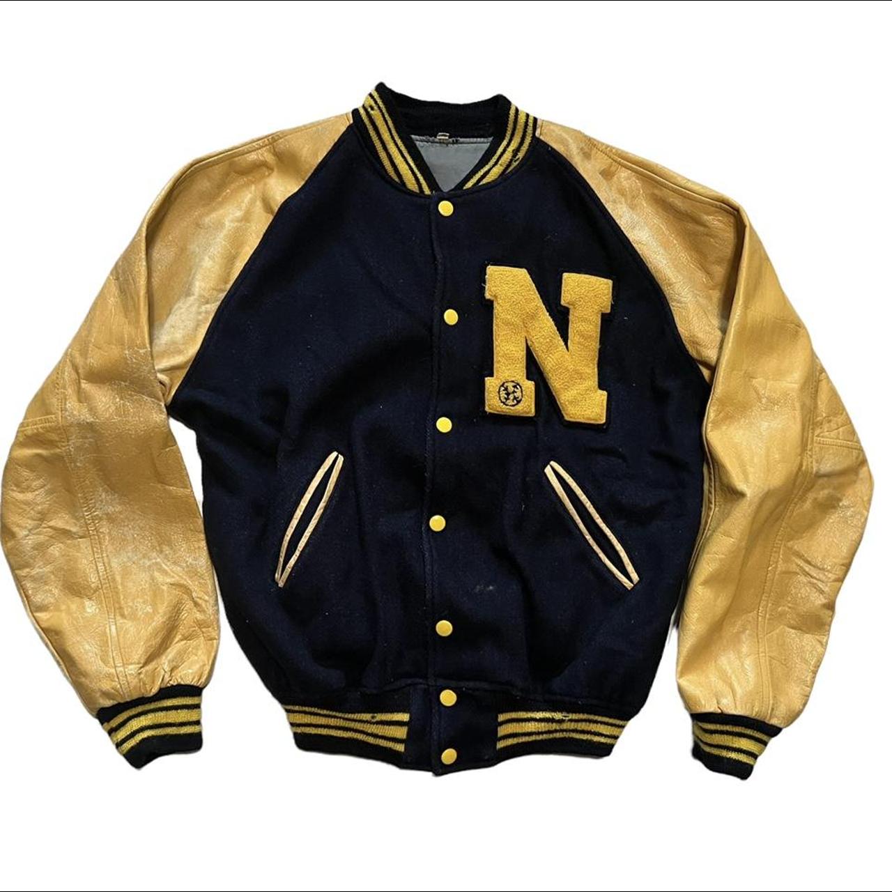 Vintage Navy and Gold Varsity Jacket W: 22in L: 25in - Depop