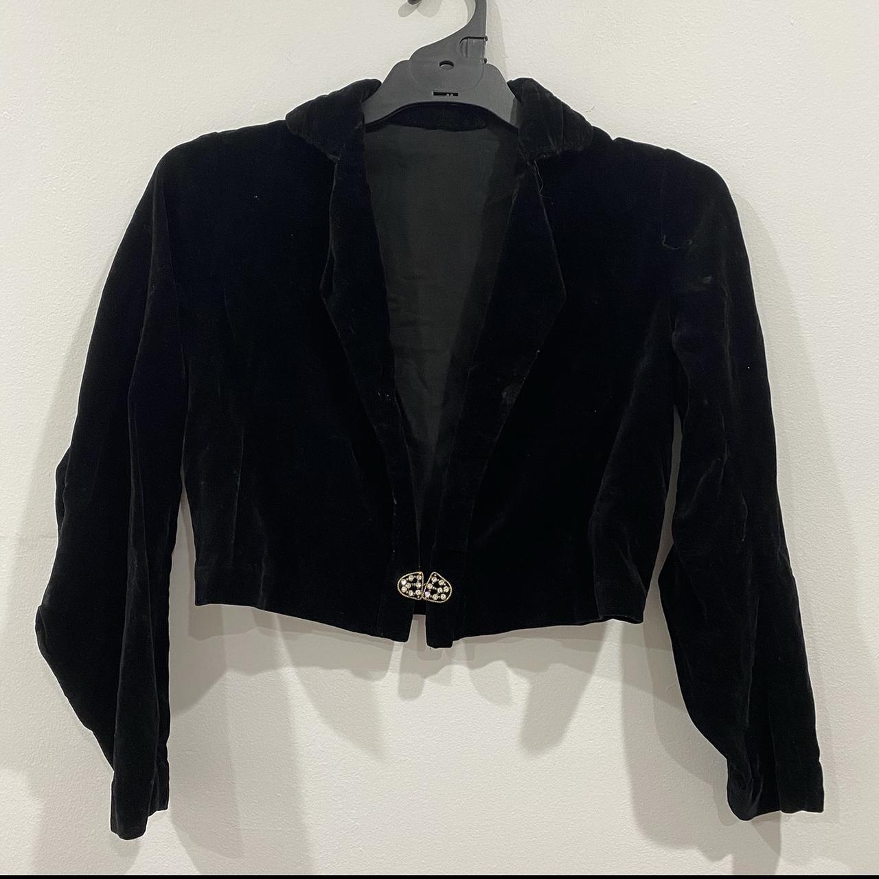 Vintage black velvet crop jacket Size S Handmade,... - Depop