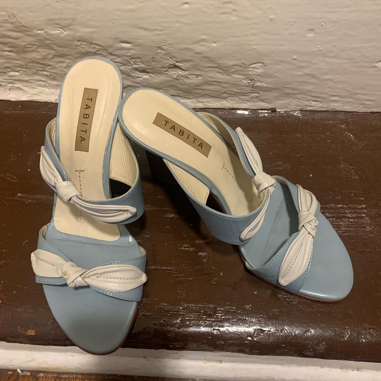 Tabitha Simmons Women's Blue and White Sandals Depop