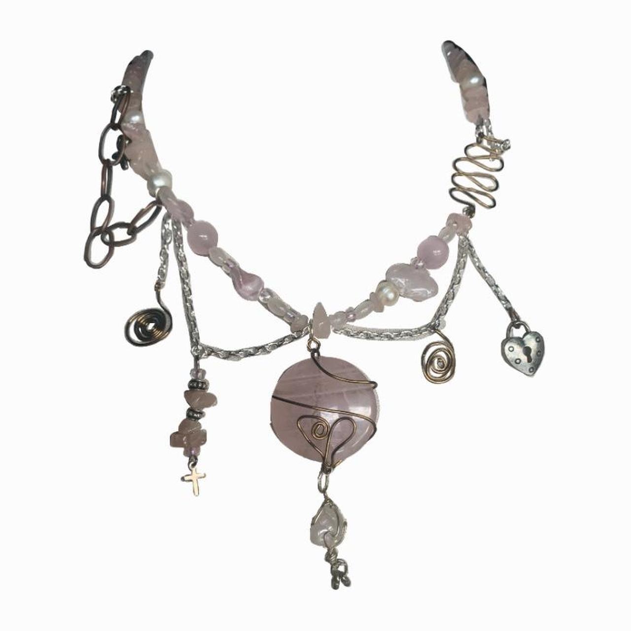 Handmade rose quartz and copper charms necklace... Depop