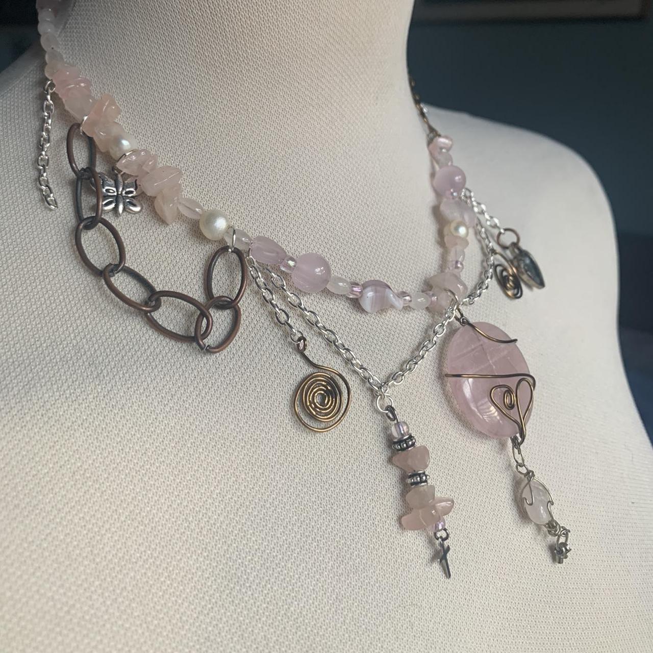 Handmade rose quartz and copper charms necklace... Depop